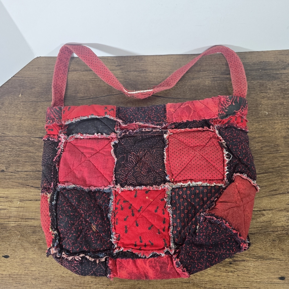 handmade rag quilt shoulder bag with red and black patchwork
